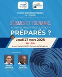 Affiche de la conférence avec les photos portraits des deux intervenants et une illustration d'une onde sismique
